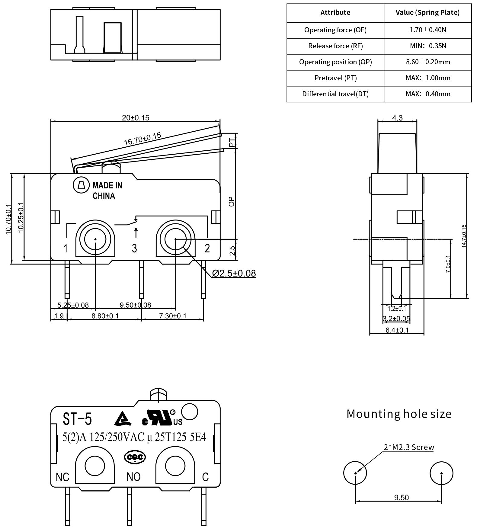 SPDT-Micro-Switch-PCB-Terminal-Flat-actuators-5A-Drawing